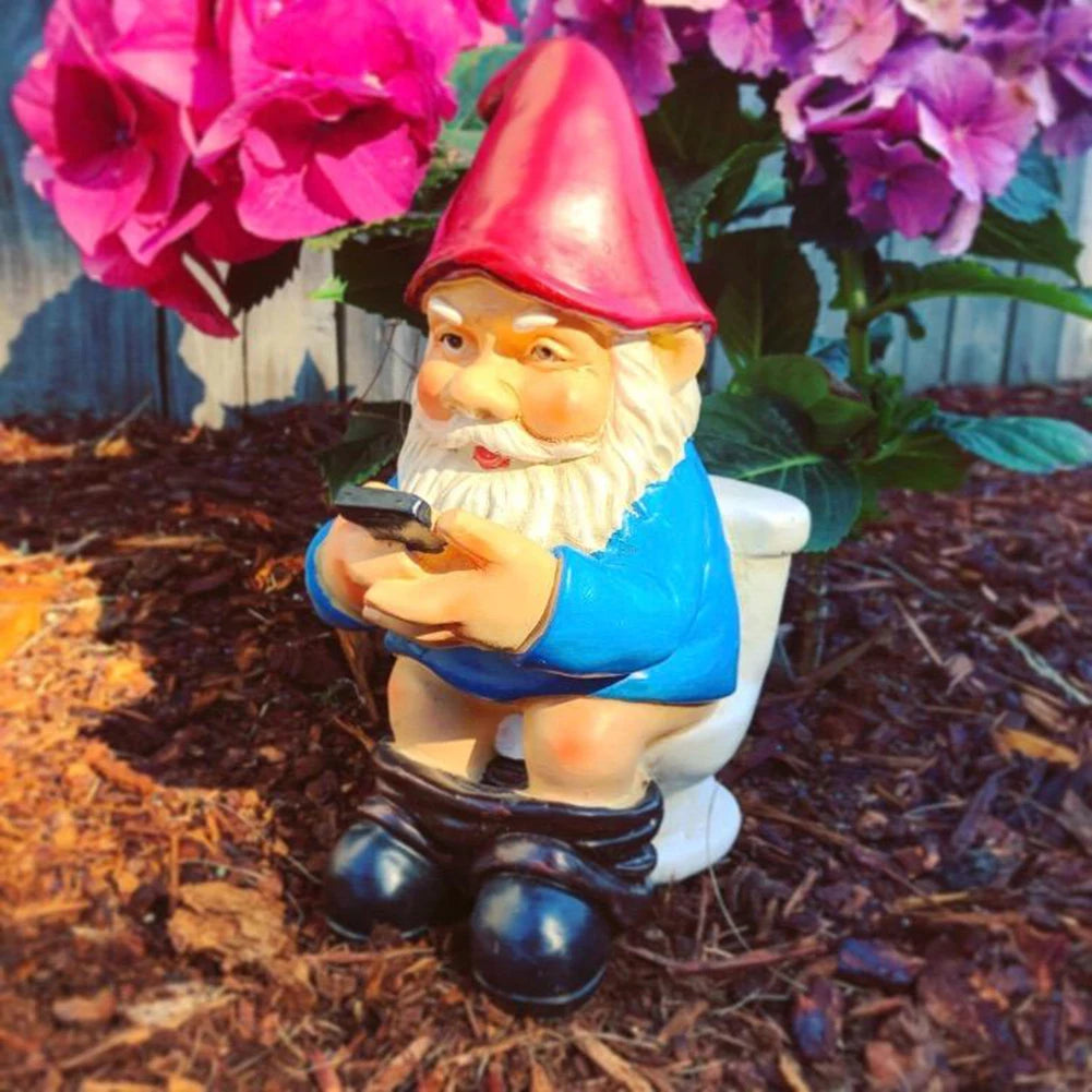 3D Dwarf Play Phone Toilet Statue Resin Gnome Sculpture Courtyard Dwarf Figurine