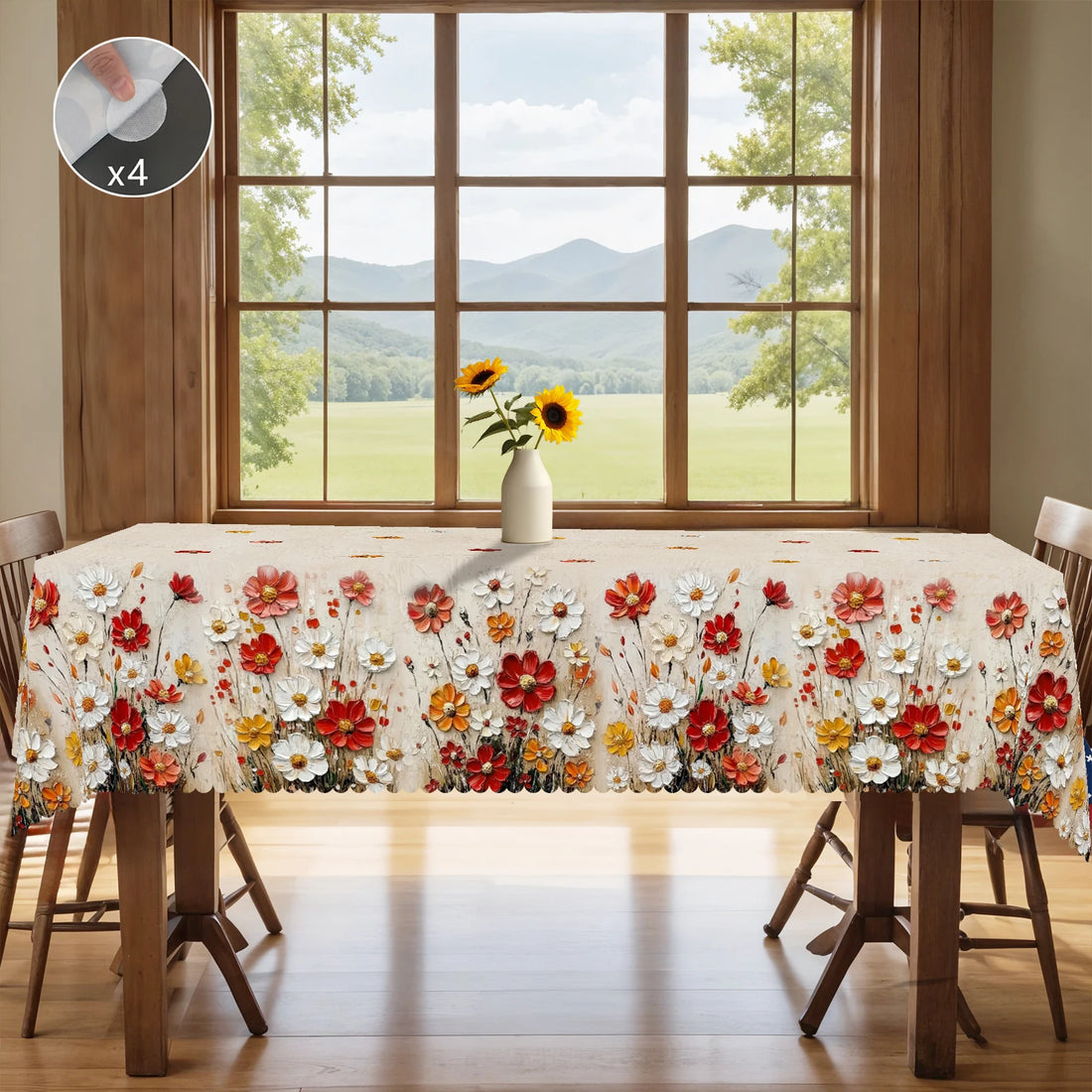 1 Piece, Elegant Vintage-Style Floral-Themed Tablecloth + 4 Self-Adhesive Pieces, Oil Painting-Style Floral Print Pattern, Woven Polyester Fabric, Embossed Edges, Suitable for Home Kitchen and Room Decoration, Party and Holid