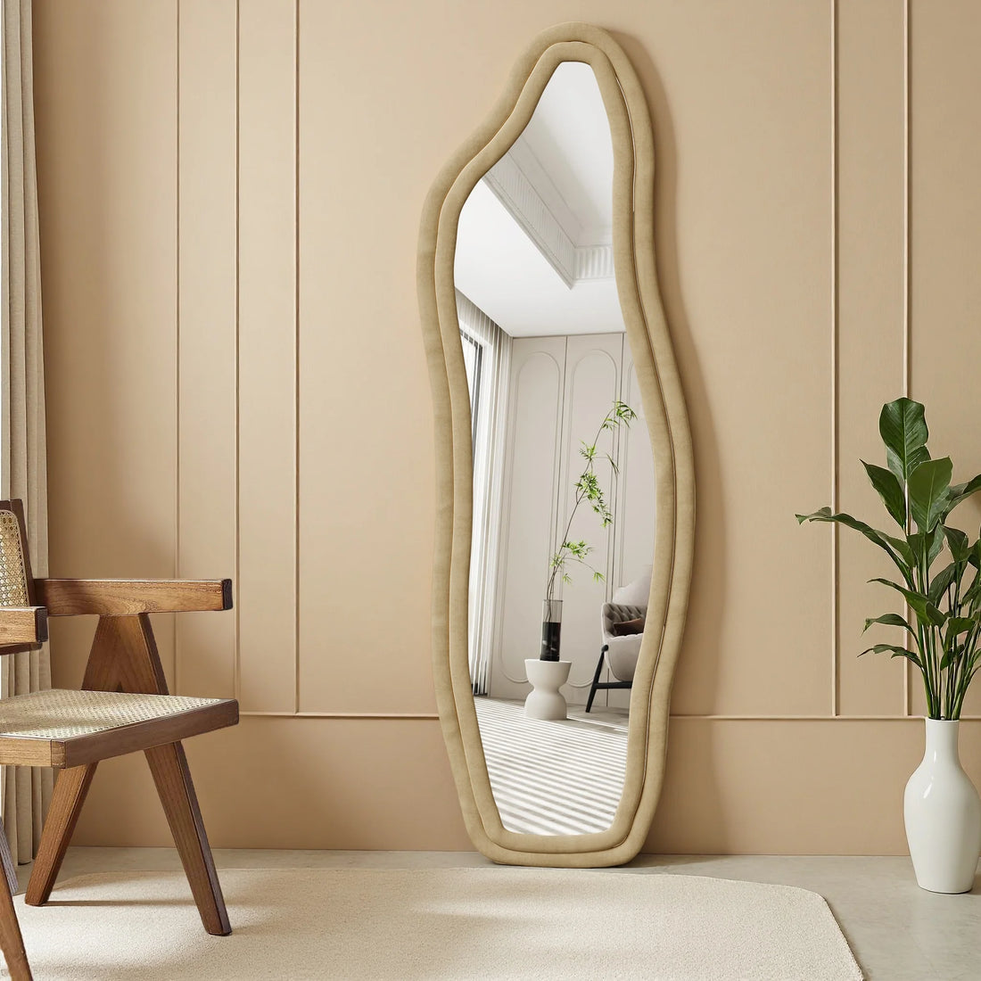 Superaly 140×45cm Modern Large Wavy Wall Mirror with Stand, Full-length Mirror, Can Be Hung, with Wooden Frame for Bedroom