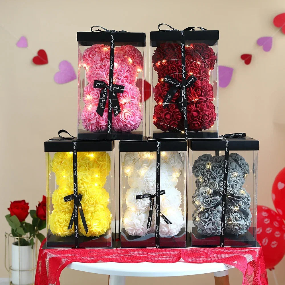 25cm Artificial Teddy Rose Flower Bear with Box Romantic Valentines Day Gift Girlfriend Anniversary Wedding Party Supplies