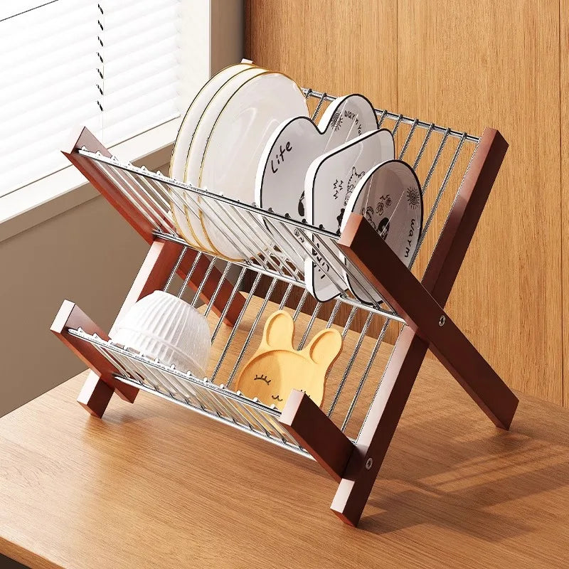 Retro Wood Dish Drain Shelf Foldable Storage Rack Desktop Stainless Steel Bowl Plate Water Cup Storage Kitchen Organizer Storage