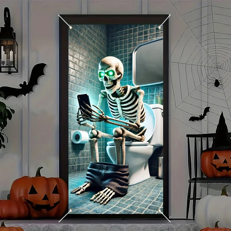 70x35in Halloween Skull Bathroom Door Banner, Haunted House Horror Theme, Indoor & Outdoor, Spooky Decor for Halloween Partiy