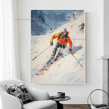 Abstract Mountain People Skiing Canvas Artwork Simple Design Handpainted White Art Snow Mountains Thick Oil Painting Wall Decor