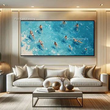 Modern Summer Handmade Large People Swimming In The Sea Canvas Oil Painting Special Seaside View Wall Art New Design Artwork