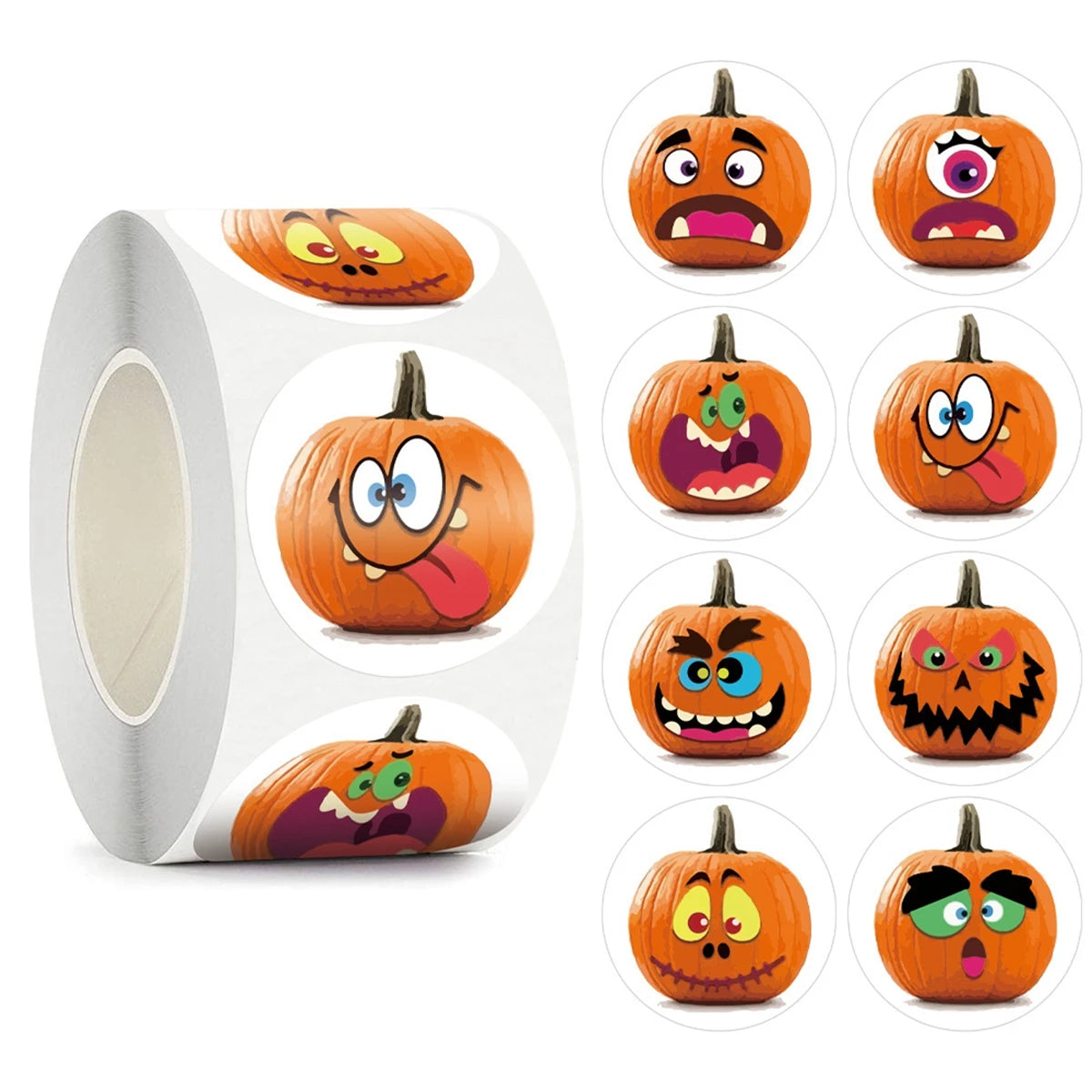 100-500pcs Halloween Pumpkin Roll Stickers 1inch, 8 designs Pumpkin Face Children's Party Decoration