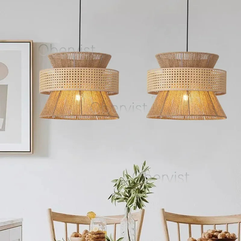 Vintage Wabi Sabi Chandelier Handmade Hemp Rope Pendant Light For Restaurant Bar Cafe Dining Room Led Rattan Lamp