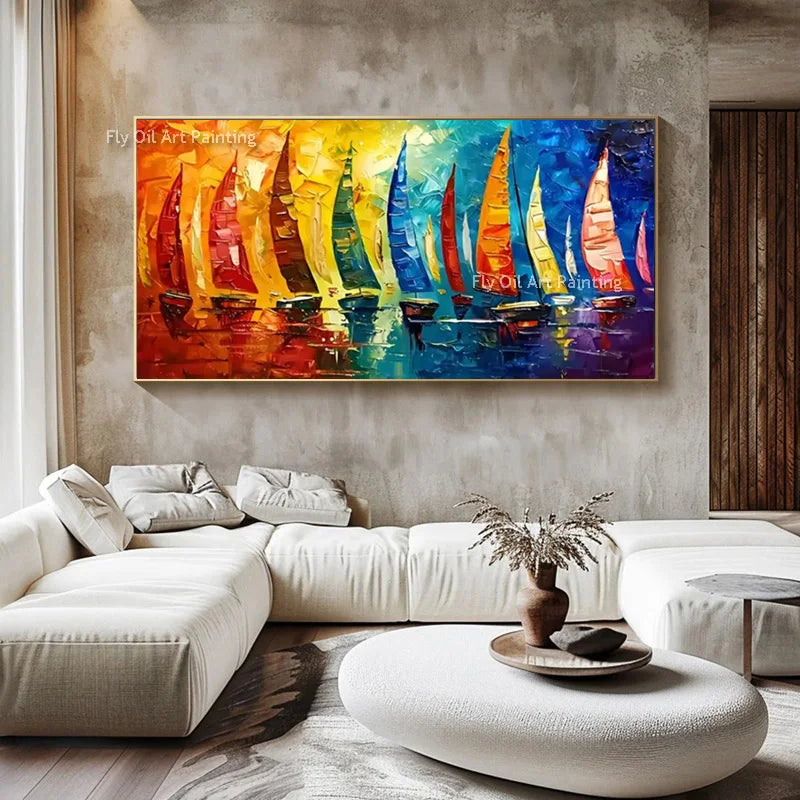 Large Home Wall Decor Items Blue Red Yellow Boats Fleet Canvas Artwork Handmade New Fashional Blue Seascape Boats Oil Painting