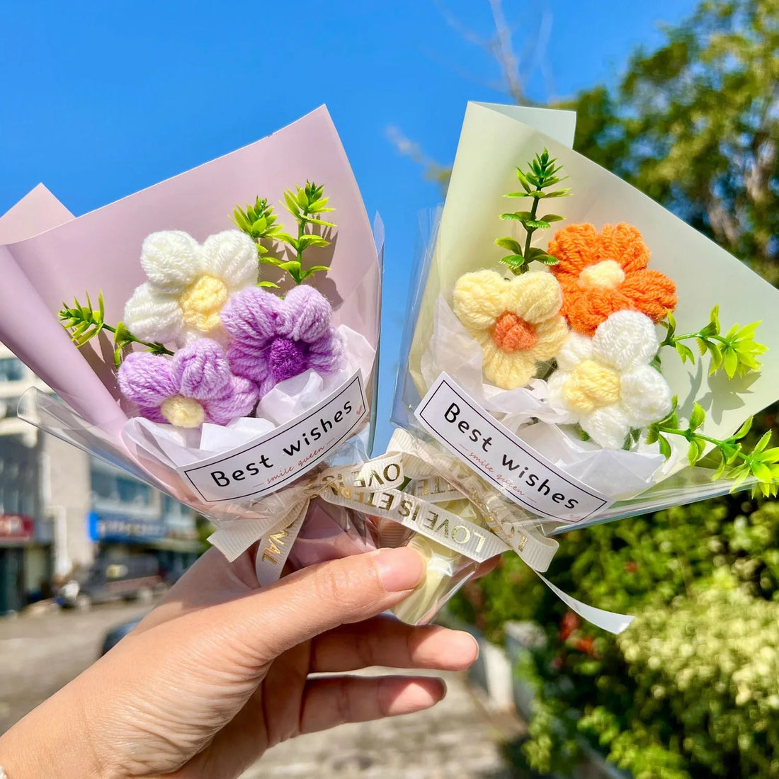 Mini Crochet Flowers Artificial Flower Bouquet Handmade Knitted Flowers Bouquet for Wedding Party Decor Mother's Day Gift