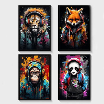 Graffiti Art Lion Monkey Panda with Headphones Canvas Paintings Gaming Posters Gamer Prints Wall Art Picture for Home Decoration
