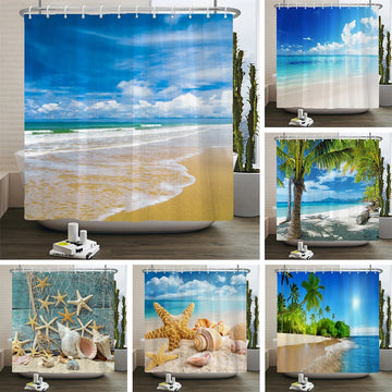 Shower Curtain Tropical Beach Ocean Print Waterproof Polyester Bath Curtain, Coastal Starfish Seascape Bathroom Decor with Hooks