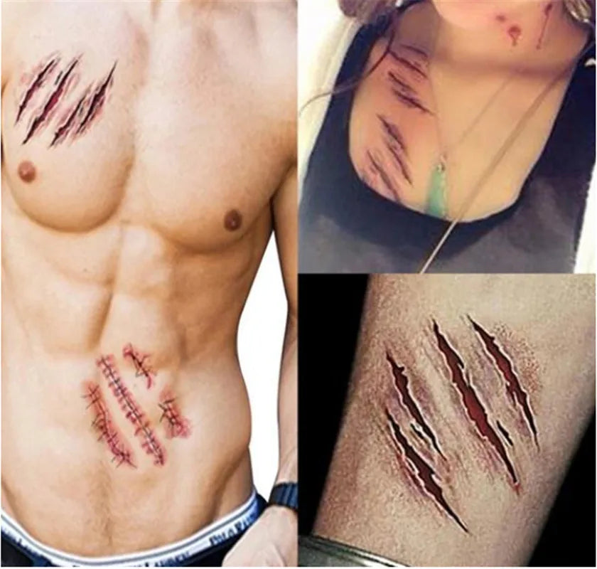 Halloween Zombie Acars Tattoos Waterproof 3D Bite Mark Tattoo Sticker With Fake Scab Blood Special Costume Small Neck Fake Tatoo