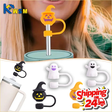 4-40PCS Halloween Straw Lids for Cups 8-10mm Pumpkin Ghost Dust Stoppers Mug Straw Covers for Holiday Drinkware Decor