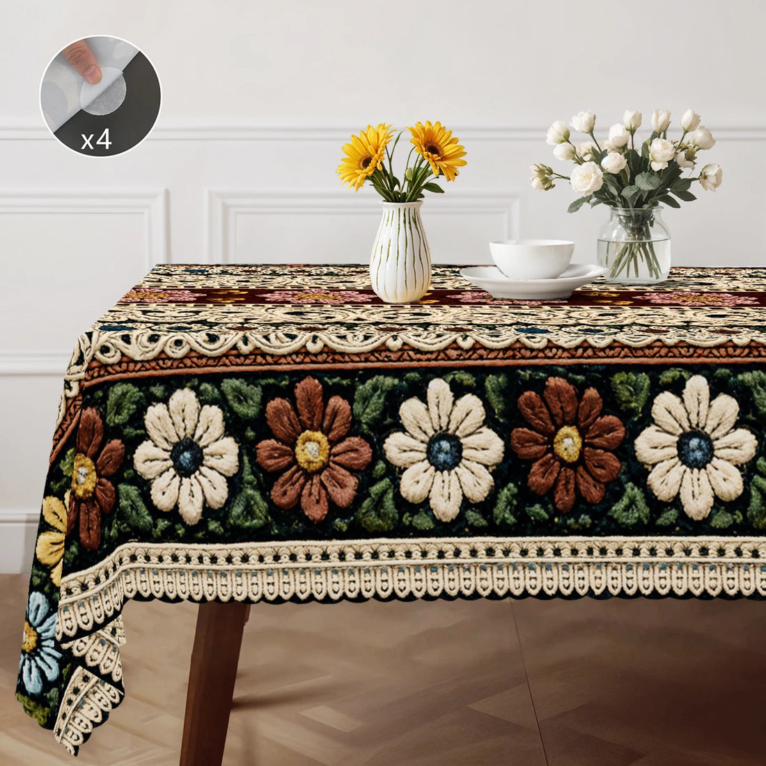 Vintage Floral-Themed Tablecloth, Anti-Knitting Style Floral Print, Classic Lace, Vibrant Colors with a Low-Key Luxury Floral Pattern, Embossed Edges, Waterproof, Wrinkle-Resistant, Fade-Resistant, Suitable for Rectangular an