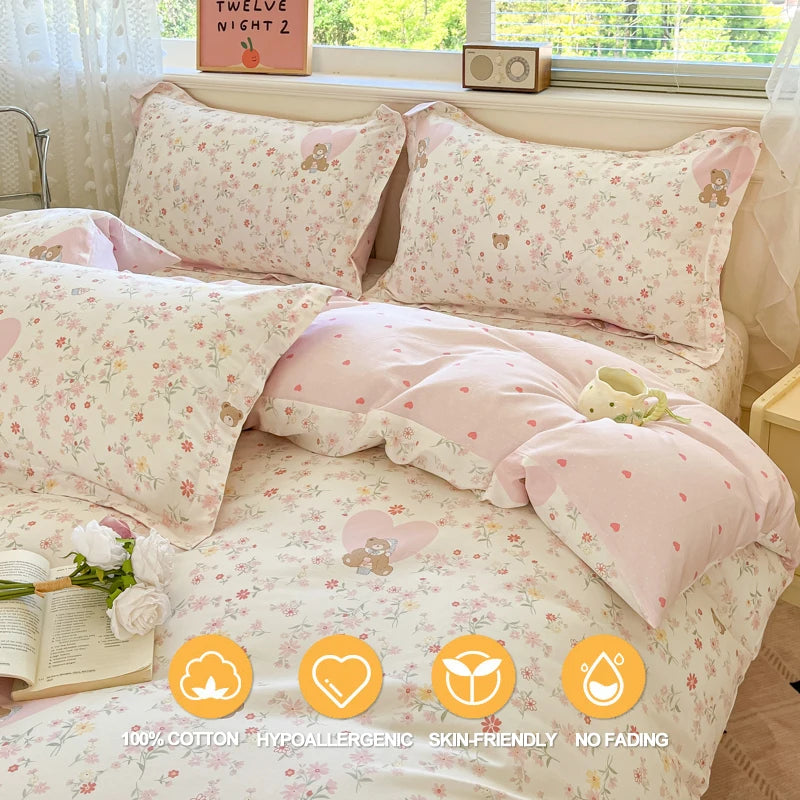 Bedding Set 100% Cotton Duvet Cover Set 3pcs Twin/Full Cartoon Print | Hypoallergenic, 1 Duvet Cover 2 Pillowcases, No Shrink