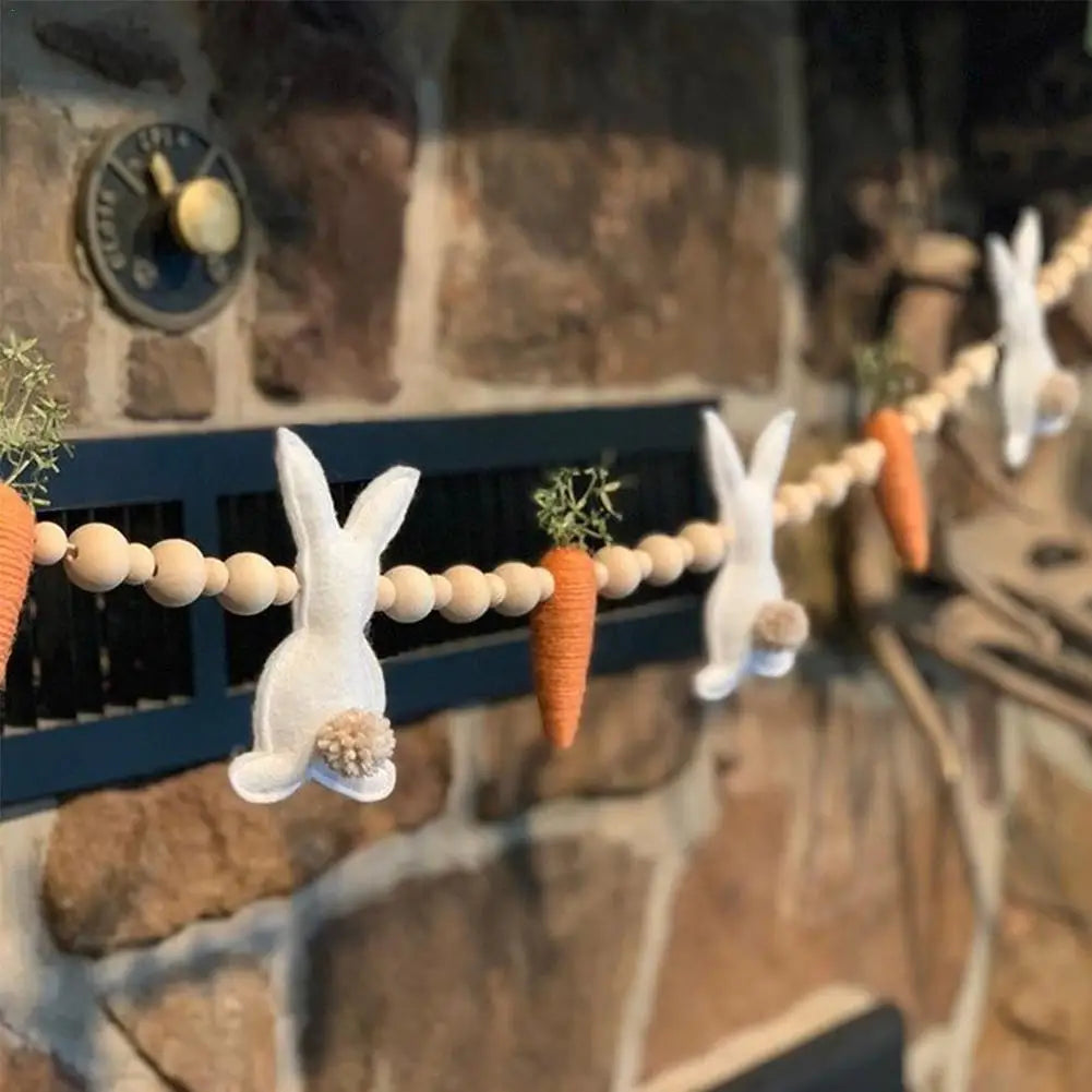 Easter Rabbit Carrot Garlands Wooden Beads Rabbit Hanging Ornaments Home Decor Accessories Holiday Props Supplies Kids Favors ﻿