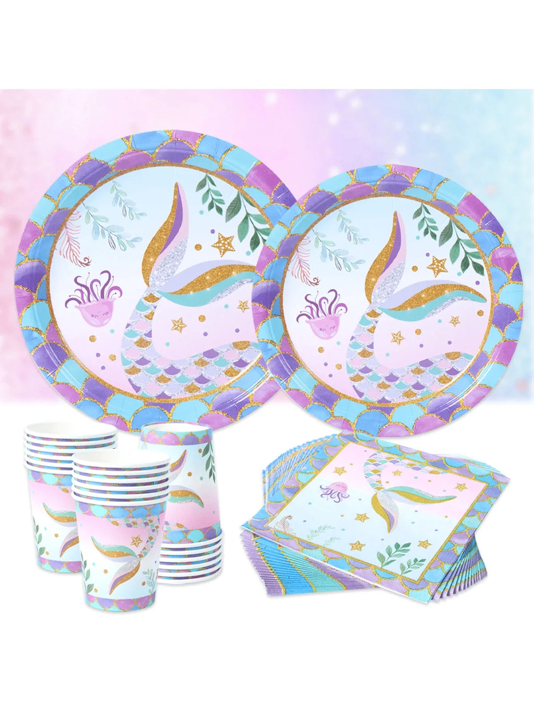 Mermaid Paper Disposable Tableware Set Scale Purple Paper Disposable Plates Cup Napkins Diy Kids Birthday Party Decor