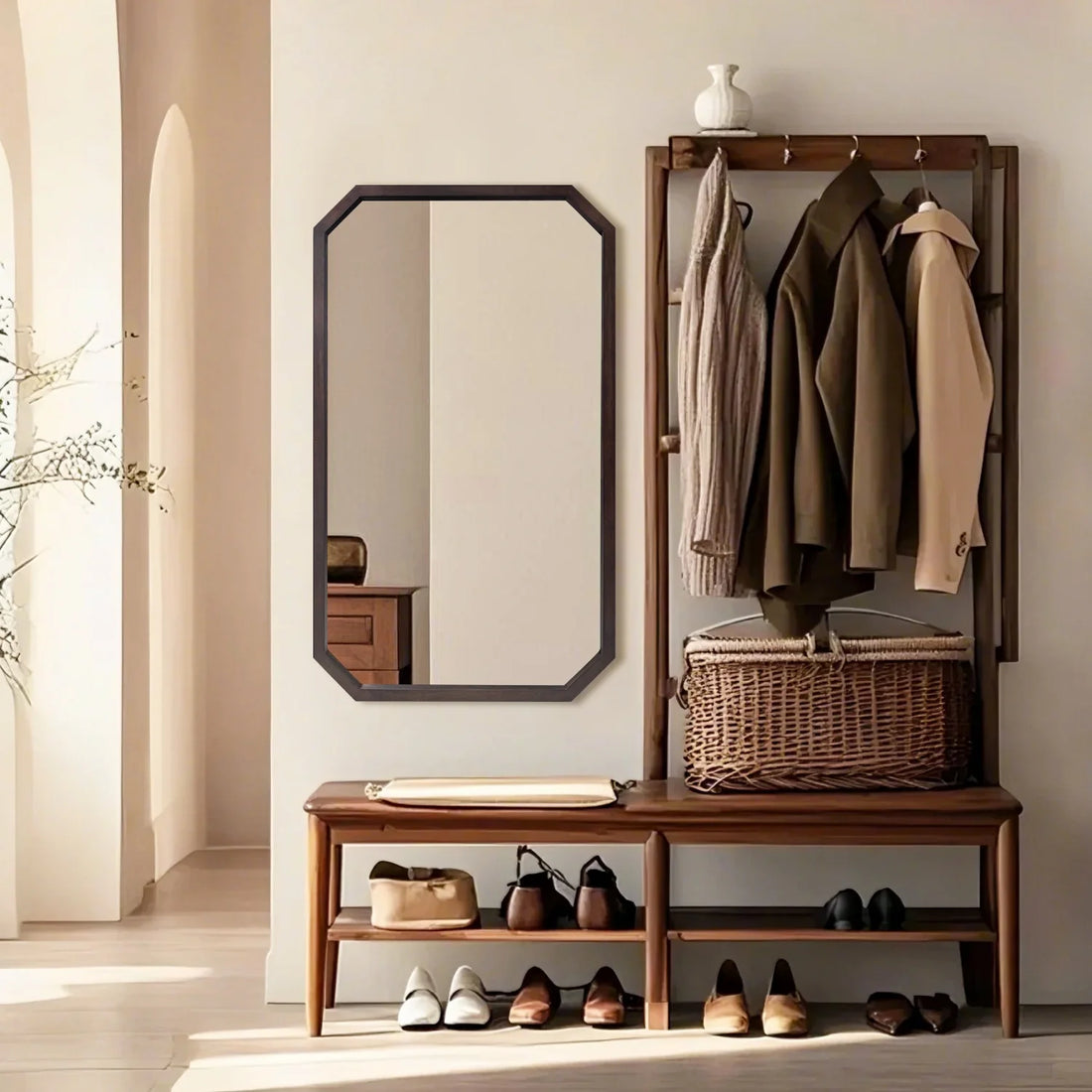 2 Styles Vintage Irregular/Octagon Wall Hanging Mirror for Living Room, Bedroom, Entryway,  Walnut Wood Framed Accent Mirror