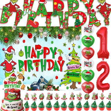 Movie&G-Grinches Theme Birthday Party Supplies Green Christmas Balloon Cake Topper Banner Xmas Event Background Baby Shower Prop