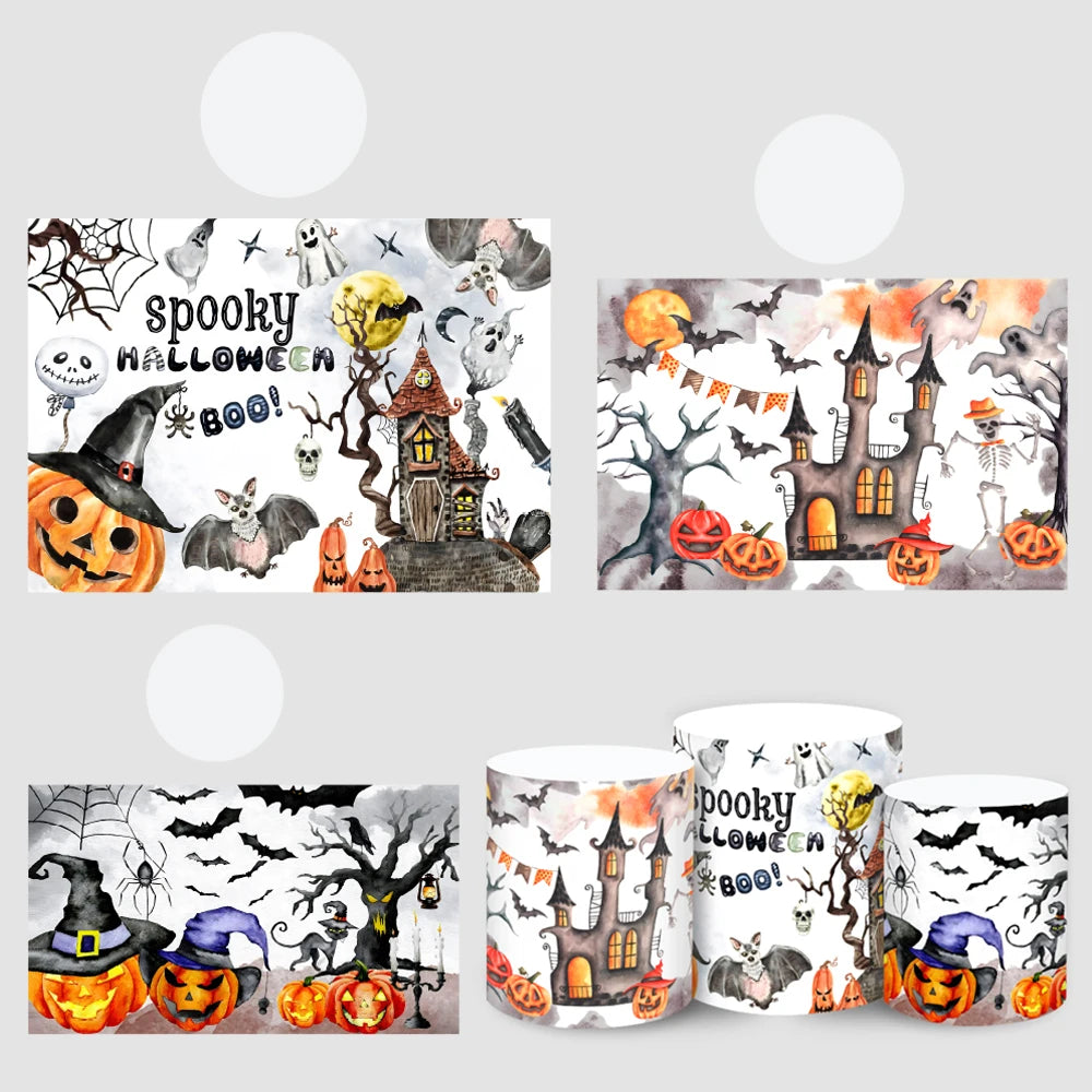 Halloween Theme Round Backdrop Cover Cartoon Pumpkin Ghost Cylinder Cover Custom Festival Party Photograph Dessert Table Decor