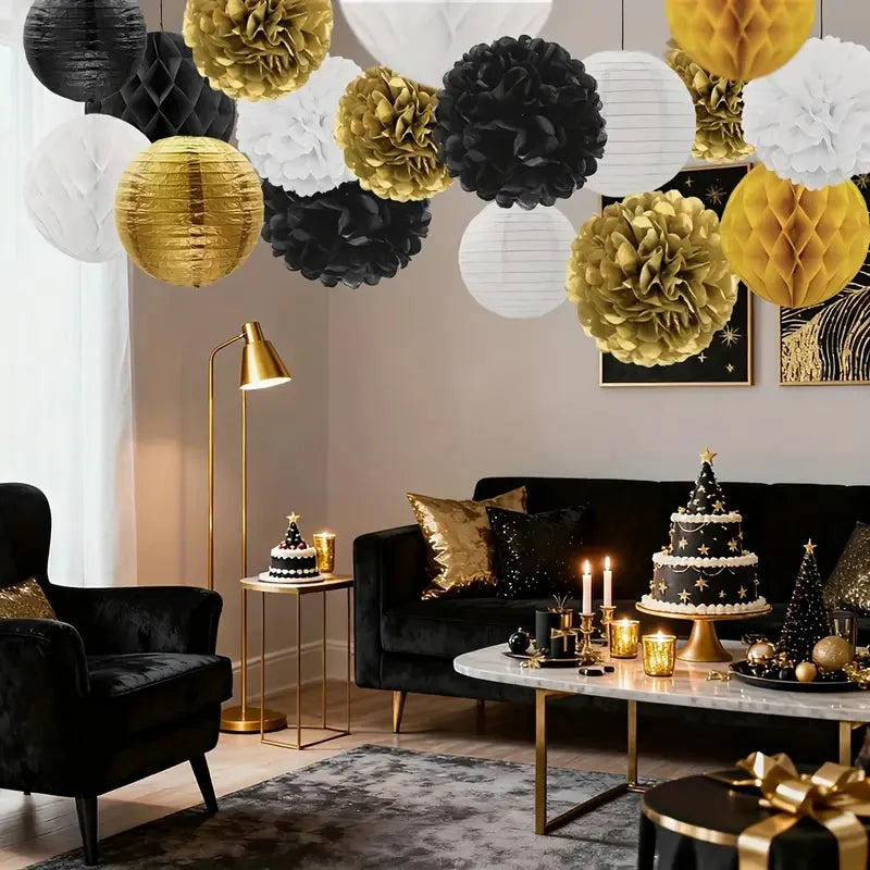30-Piece/Set Round Paper Lanterns and Honeycomb Balls Set, Black, White, and Gold Paper Lanterns and Paper Flower Balls, Black, White, and Gold Honeycomb Balls Set, Suitable for Winter, New Year, Birthdays, Holiday Decoration