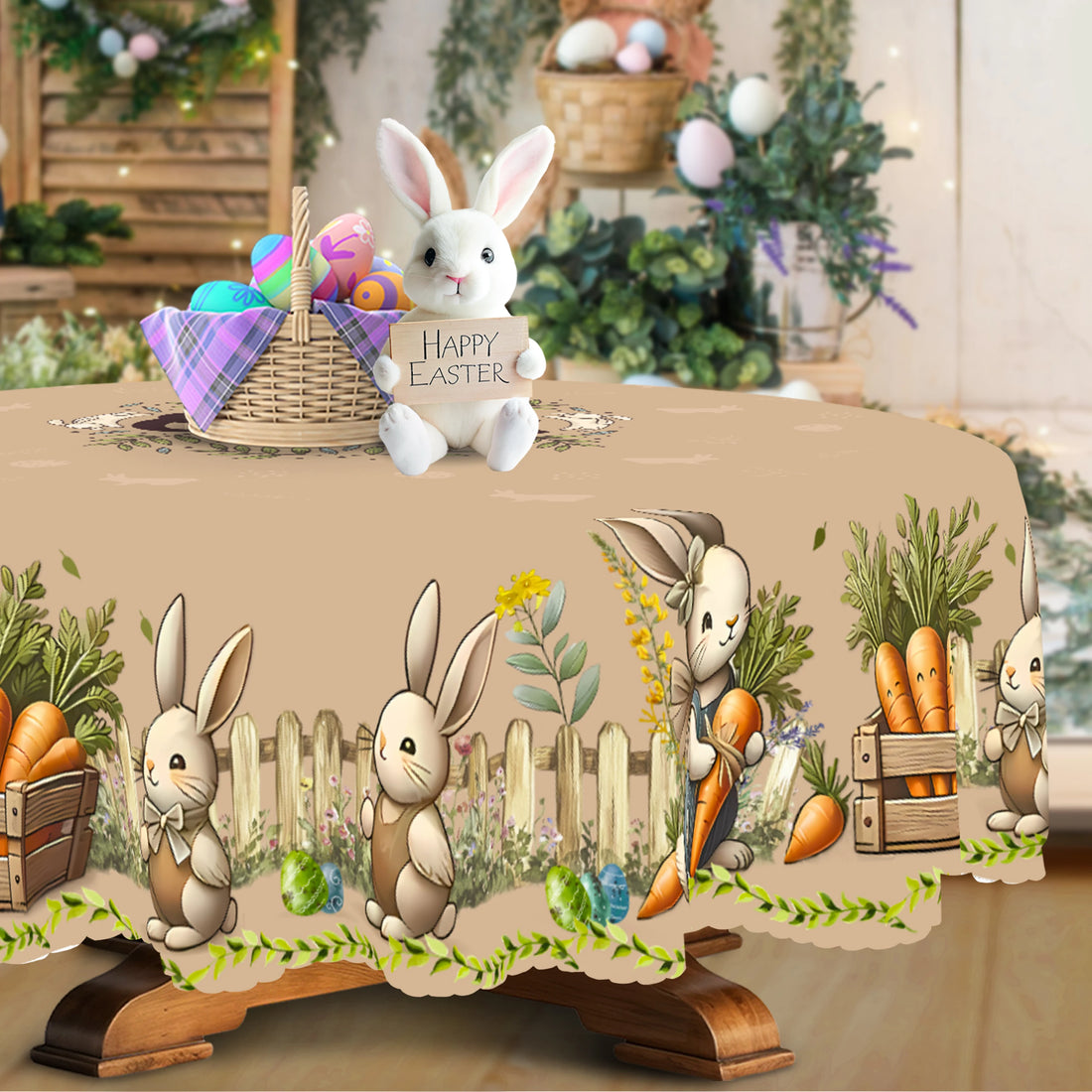Easter Bunny and Egg Polyester Tablecloth - Round/Rectangular, Cute Rabbit and Colorful Egg Design with Floral Accents