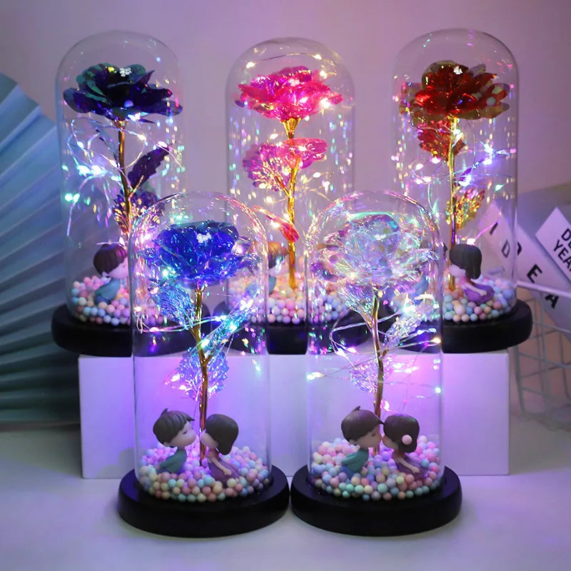 Hot LED Enchanted Galaxy Rose Eternal Beauty And The Beast Rose With Fairy Lights In Dome For Christmas Valentine's Day Gift
