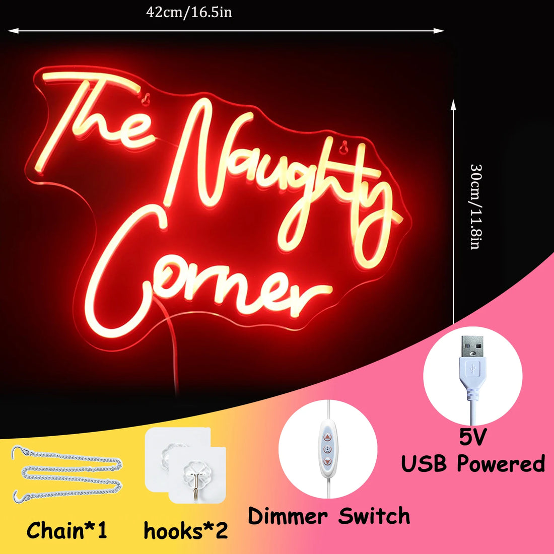 The Naughty Corner Neon Sign Red Glow Handwritten Style LED Light for Home Bar Bedroom Decor Wall Art Gift Create Fun Atmosphere