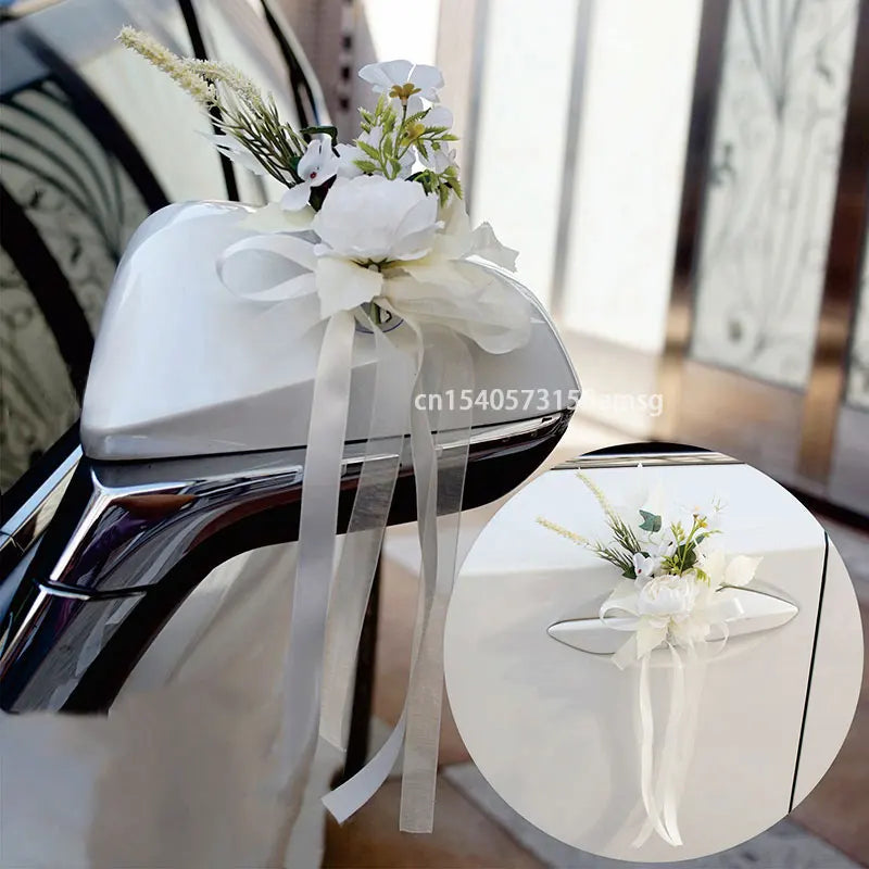4PCS Artificial Flower Car Door Chair Back Decoration Wedding Decor Party Supplies Romantic Ribbon Floral Outdoor Decoration