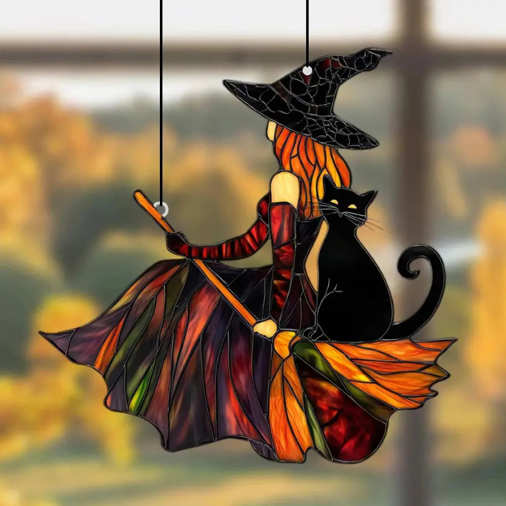 Gothic Acrylic Witch &Black Cat Suncatcher, Halloween Window Decoration Wind Chime, Broom Witch Hanging Ornament for Home &Party