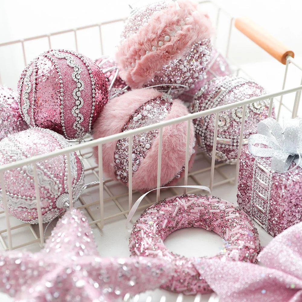 Pink Series Christmas Pendants Stars Beads Chain Foam Balls Nameplates Bows Mushrooms Christmas Tree Pendant Romantic Home Decor