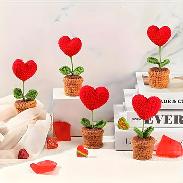 5-1Pcs Handmade Knitted Flower Pot Red Heart-Shaped Woven Flower Gift Knit Imitation Potted Plant Flower Pot Desktop Home Decor