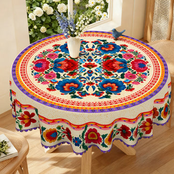 Retro Exotic Style Themed Tablecloth, with Vibrant Floral Designs, Classic Geometric Printed Patterns, Waterproof, Wrinkle-Resistant, Fade-Resistant, Available in Various Sizes, with Embossed Edges, Perfect for Parties and Fe