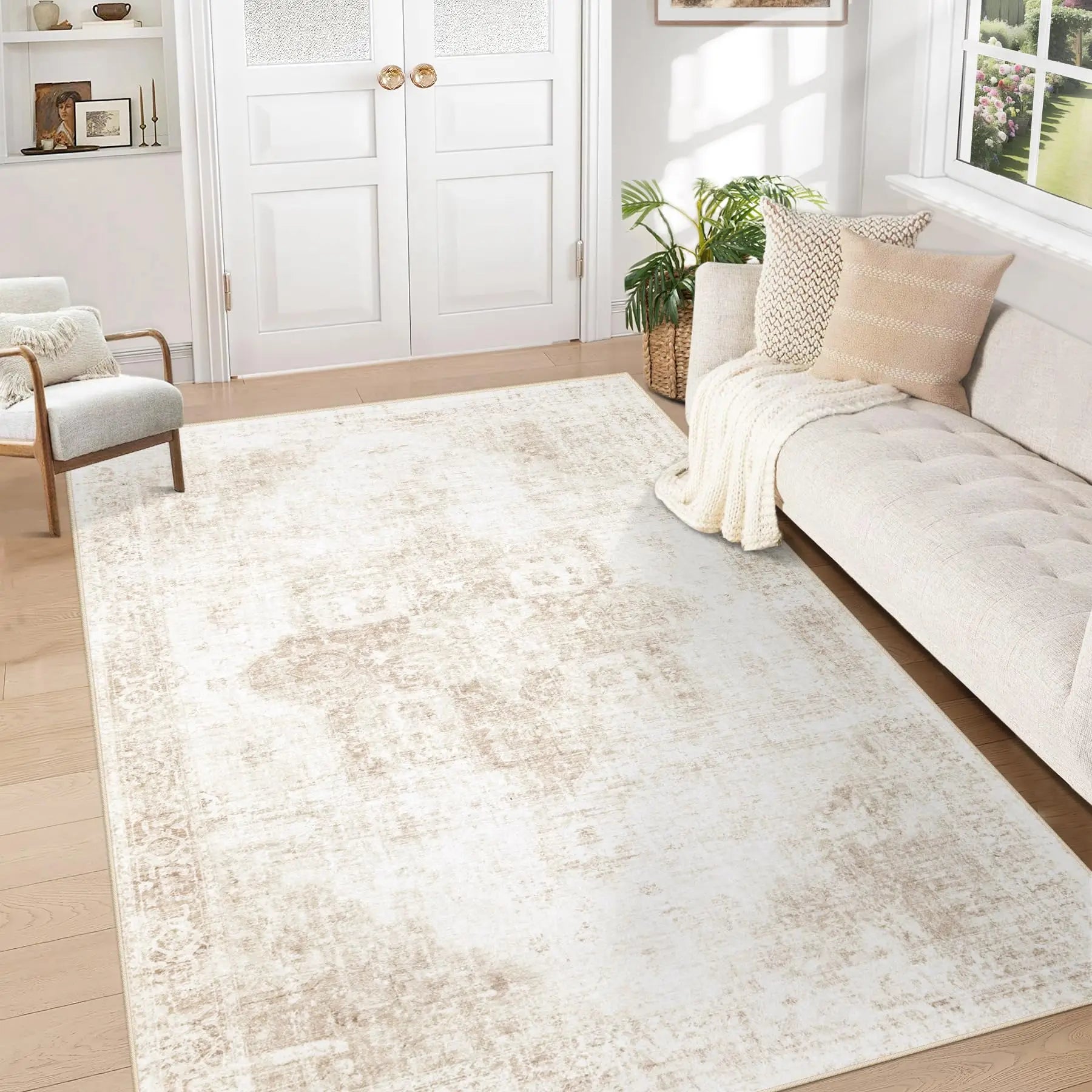 VIKAMA Italian Light Luxury Living Room Carpet Non-Slip Stain-Resistant Easy Care Cream Style Premium Sofa Bedroom Floor Mats
