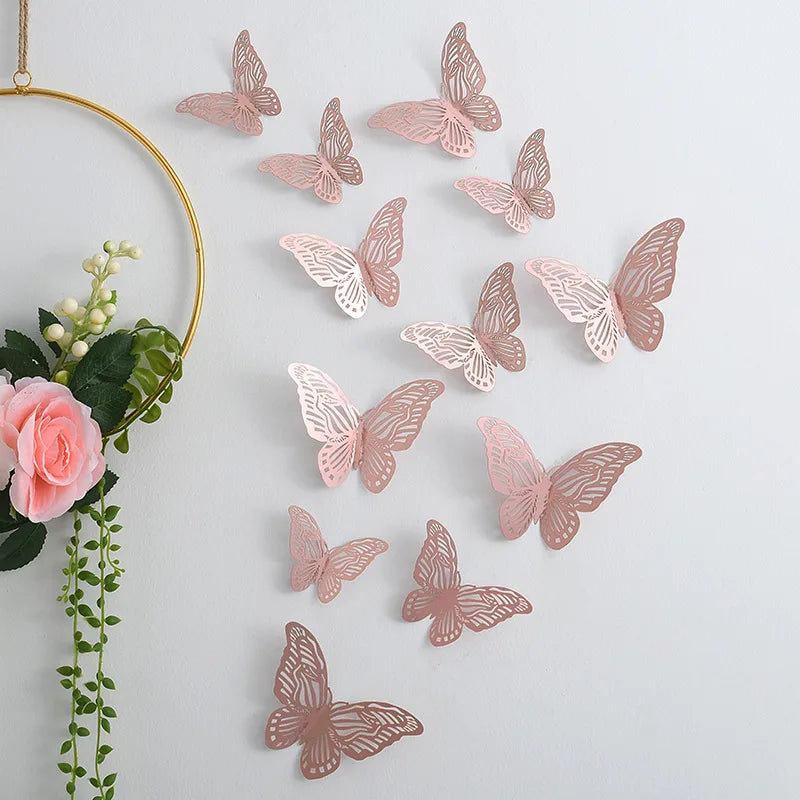 NEW 12Pcs 3D Hollow Butterfly Wall Sticker Home Decoration Kids Room Party Wedding Decor Rose Gold Butterfly Fridge DIY Stickers