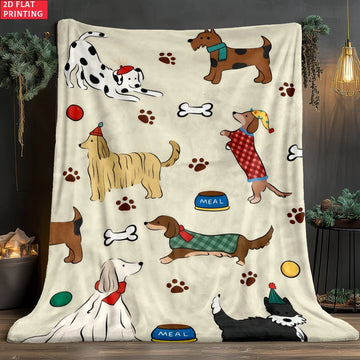Cute Cartoon Dog Print Flannel Blanket, Soft Dachshund Dalmatian Throw Blanket, Cozy Gift for Dog Lovers, Kids Bedroom Decor
