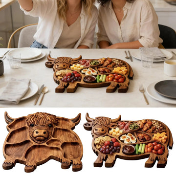 High Land Cow Wooden Charcuterie Board with Compartments for Snack Fruit Meat Cheese Serving Tray Farmhouse Family Party