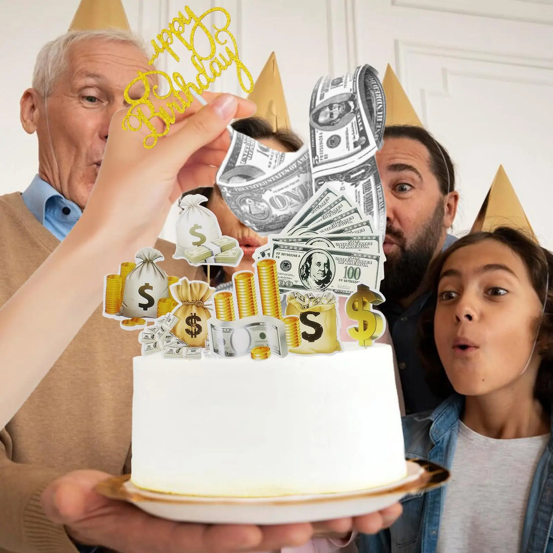 Dollar Happy Birthday Cake Decoration Money Cake Topper For 60s 70s 80s 90s Thanksgiving USA Dollar Theme Party Decors Supplies