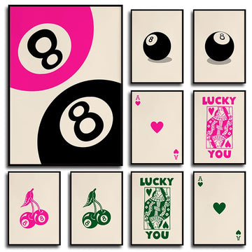 No.8 Ball Poster Retro Colorful Trendy Lucky You Cherry Canvas Poster Queen of Hearts Wall Art Picture Home Room Decor