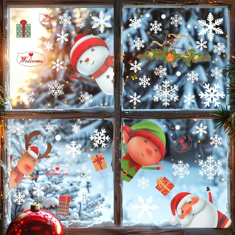 1Set Christmas Snowflake Window Clings Stickers For Glass, Xmas Decals Decorations Holiday Snowflake Santa Claus Reindeer Decals
