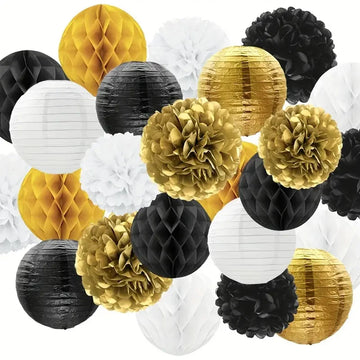 30-Piece/Set Round Paper Lanterns and Honeycomb Balls Set, Black, White, and Gold Paper Lanterns and Paper Flower Balls, Black, White, and Gold Honeycomb Balls Set, Suitable for Winter, New Year, Birthdays, Holiday Decoration