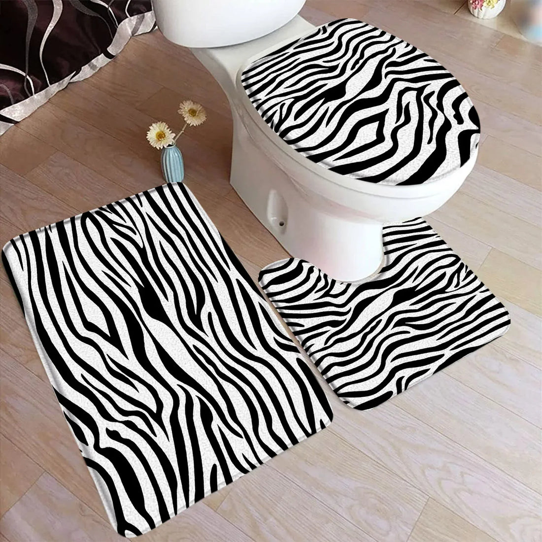 Black and White Leopard Print Bath Mat Set Zebra Animal Fur Texture Fashion Home Bathroom Decor Floor Rug U-Mat Toilet Lid Cover