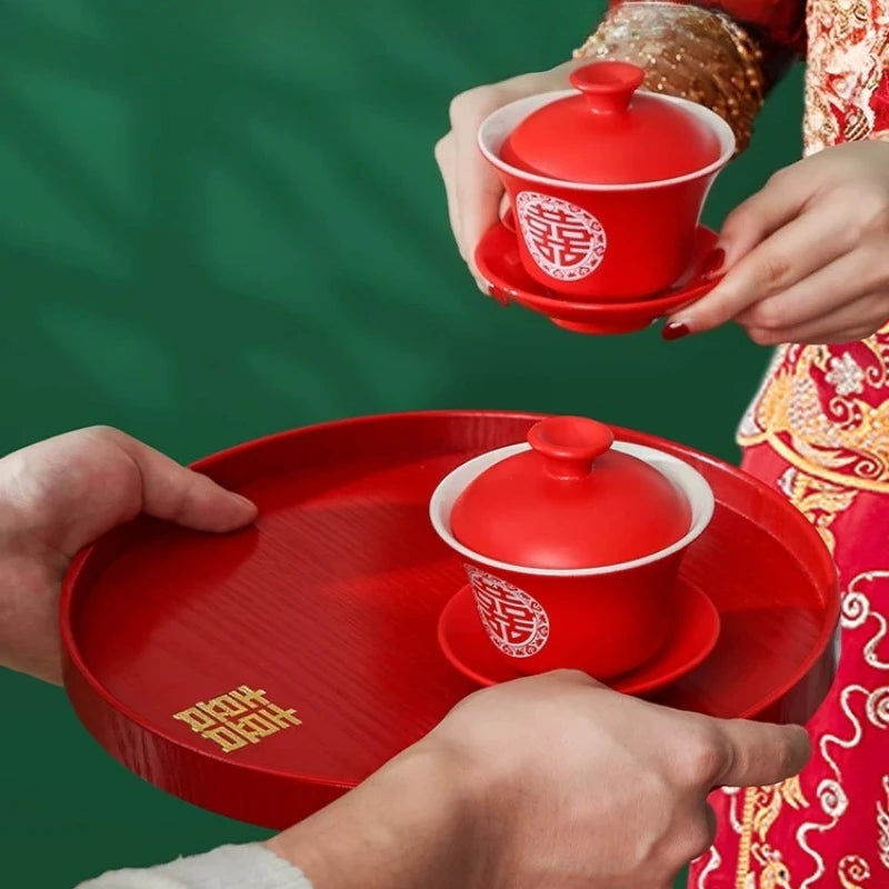 Wedding Red Tray Fruit Tray Chinese Wedding Banquet Wooden Rectangular Tea-Serving Tray Nut Round Tray Wooden Tableware