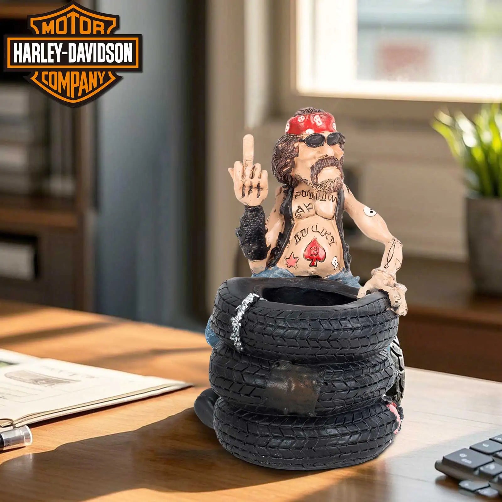 Funny Biker Figurine Sitting on Tires, Middle Finger Gesture Resin Statue, Desk Shelf Decor, Man Cave Motorcycle Gift Ornament