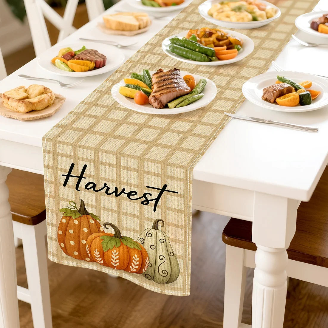 Thanksgiving Pumpkin Flower Plaid Illustration Table Runners Home Decoration Durable Kitchen Dining Table Runners Party Supplies