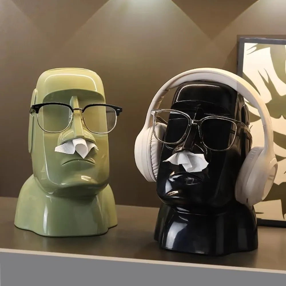 Creative Tissue Storage Box Stone Statue 3-in-1 Headphone Holder Space-Saving Face Shaped Paper Towel Container Bedroom Desktop