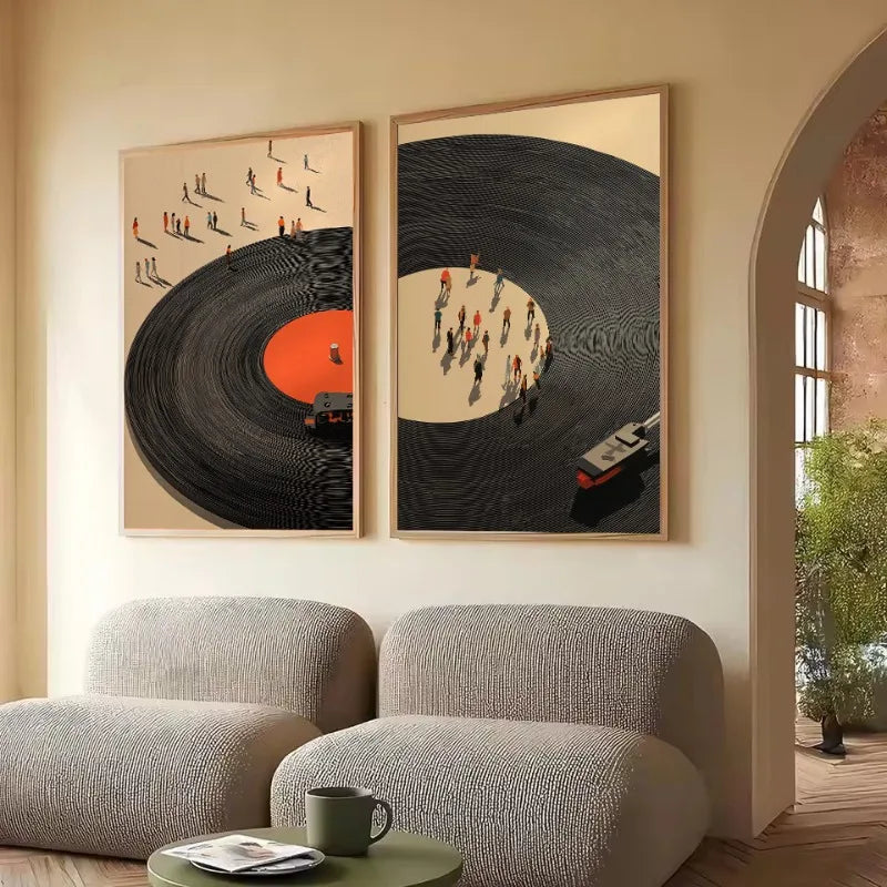 Retro Vinyl Record Store Minimalist Tiny Figure Chic Music Illustration Poster Wall Art Pictures Canvas Painting Home Decor