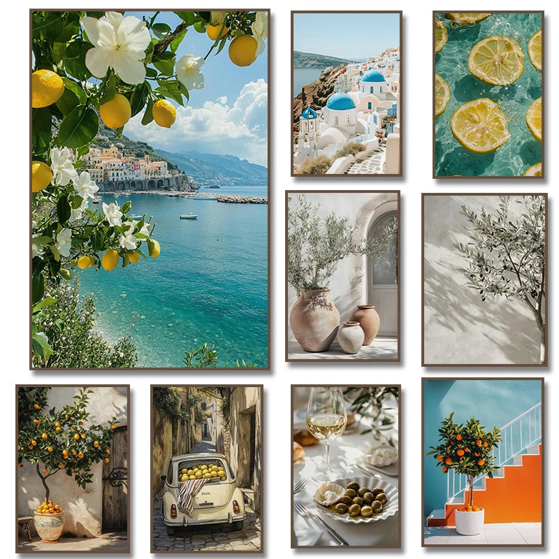 Italian Lemon Orange Olive Tree Retro Mediterranean Greece Landscape Poster Canvas Painting Wall Art Pictures Home Decoration