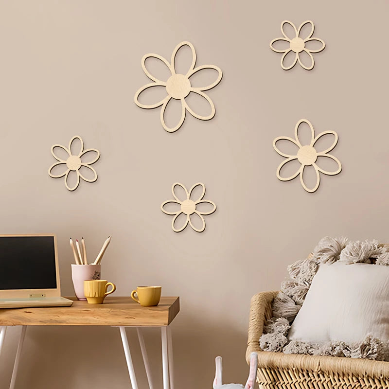 NUBECOM 5Pcs Wooden Daisy Flowers Wall Art Wood Flowers Wall Stickers Wall Decor Home Room Wall Stickers Christmas Holiday Gift