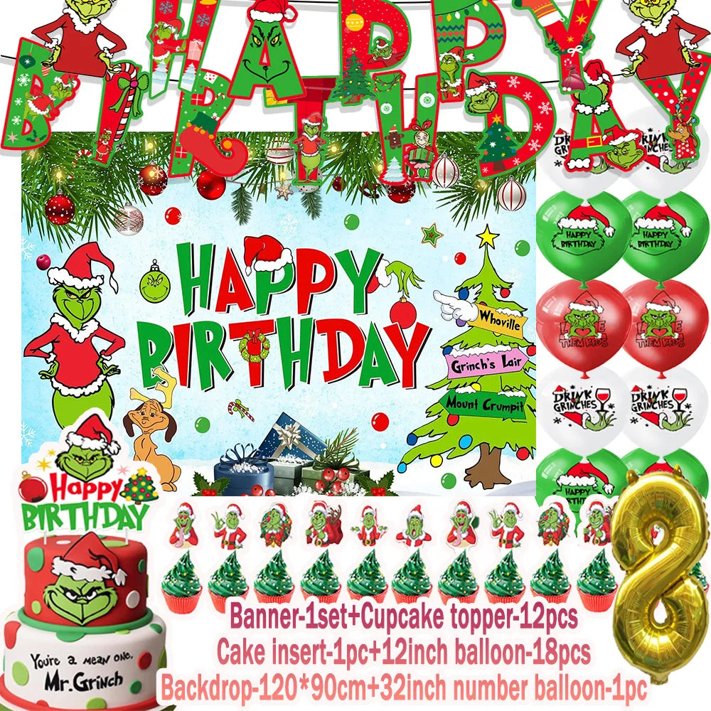 Movie&G-Grinches Theme Birthday Party Supplies Green Christmas Balloon Cake Topper Banner Xmas Event Background Baby Shower Prop