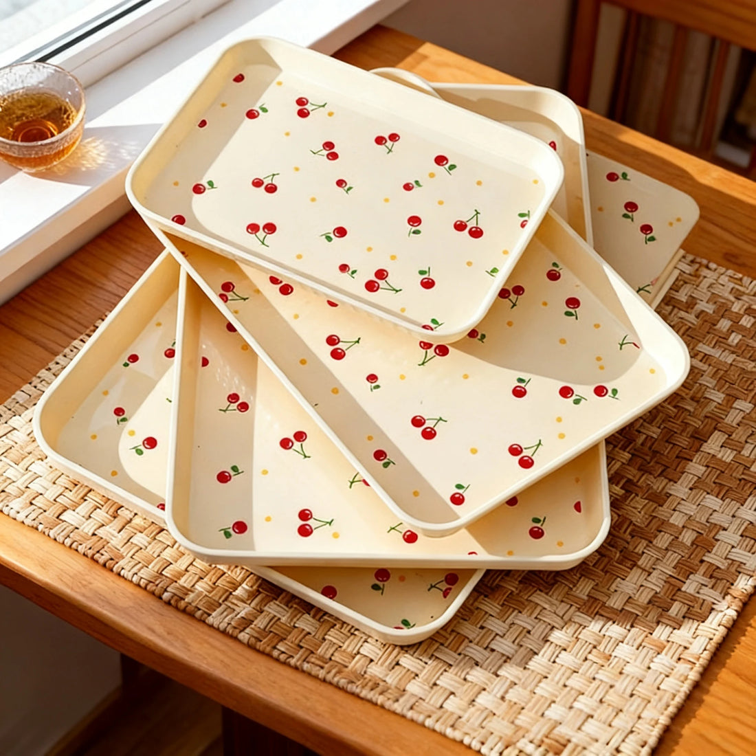 Rectangle Plastic Food Serving Tray Dessert Fruit Plate Stackable Cherry Pattern Decorative Storage Tray For Kitchen Living Room